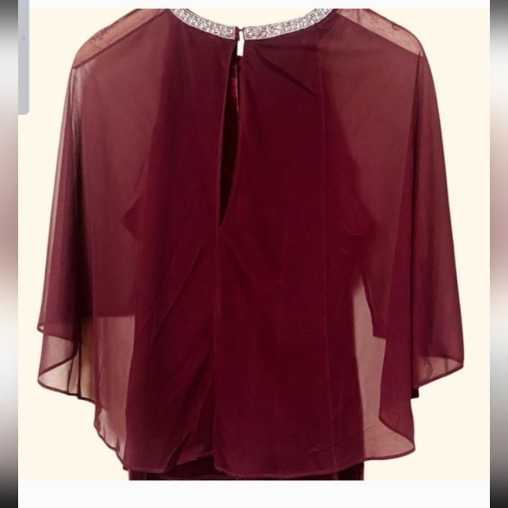 R & M Richards Elegant Burgundy Velvet Women's Blouse Rhinestone Sheer Cape M
